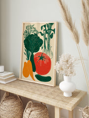 Linocut style poster featuring an arrangement of green, red, and orange vegetables like dill, lettuce, onions, tomato, cucumber, carrots, and squash. - Image 4