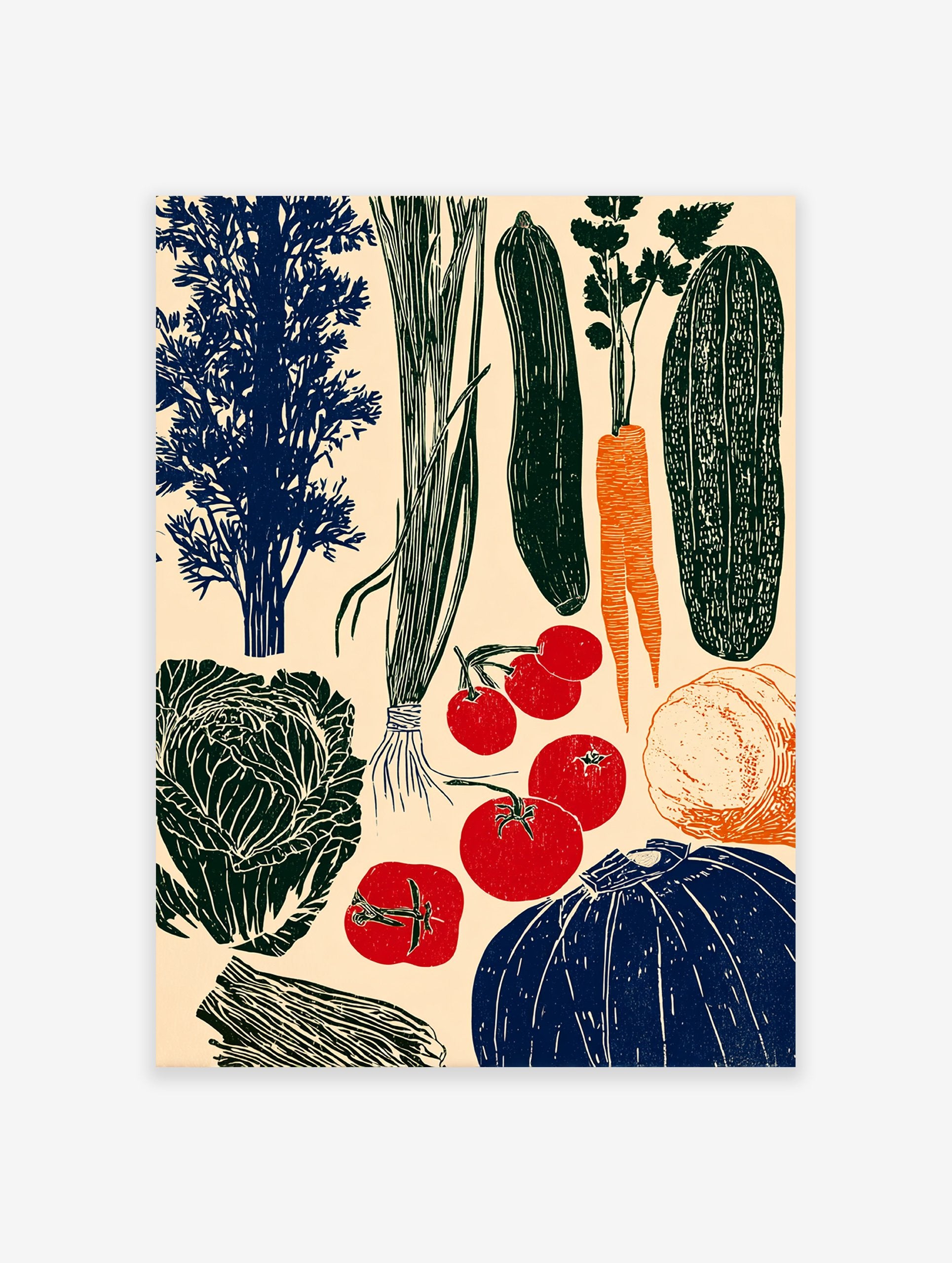 Vegetable linocut poster featuring various produce like tomatoes, carrots, cucumbers, cabbage, and squash in red, blue, green, and orange.