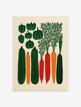 Poster featuring stylized green squash, orange carrots, and red carrots with green tops on a cream background, in an illustrative style.
