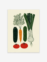 Illustrated vegetable poster featuring green zucchini, orange carrot, green leek, and red tomatoes on a cream background.