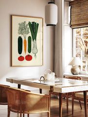 Illustrated vegetable poster featuring green zucchini, orange carrot, green leek, and red tomatoes on a cream background. - Image 2