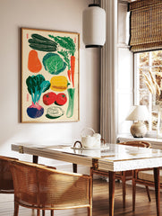 Illustrated vegetable poster featuring green cucumbers, orange carrots, cabbage, red tomatoes, and a beet on a cream background. - Image 2