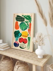 Illustrated vegetable poster featuring green cucumbers, orange carrots, cabbage, red tomatoes, and a beet on a cream background. - Image 4