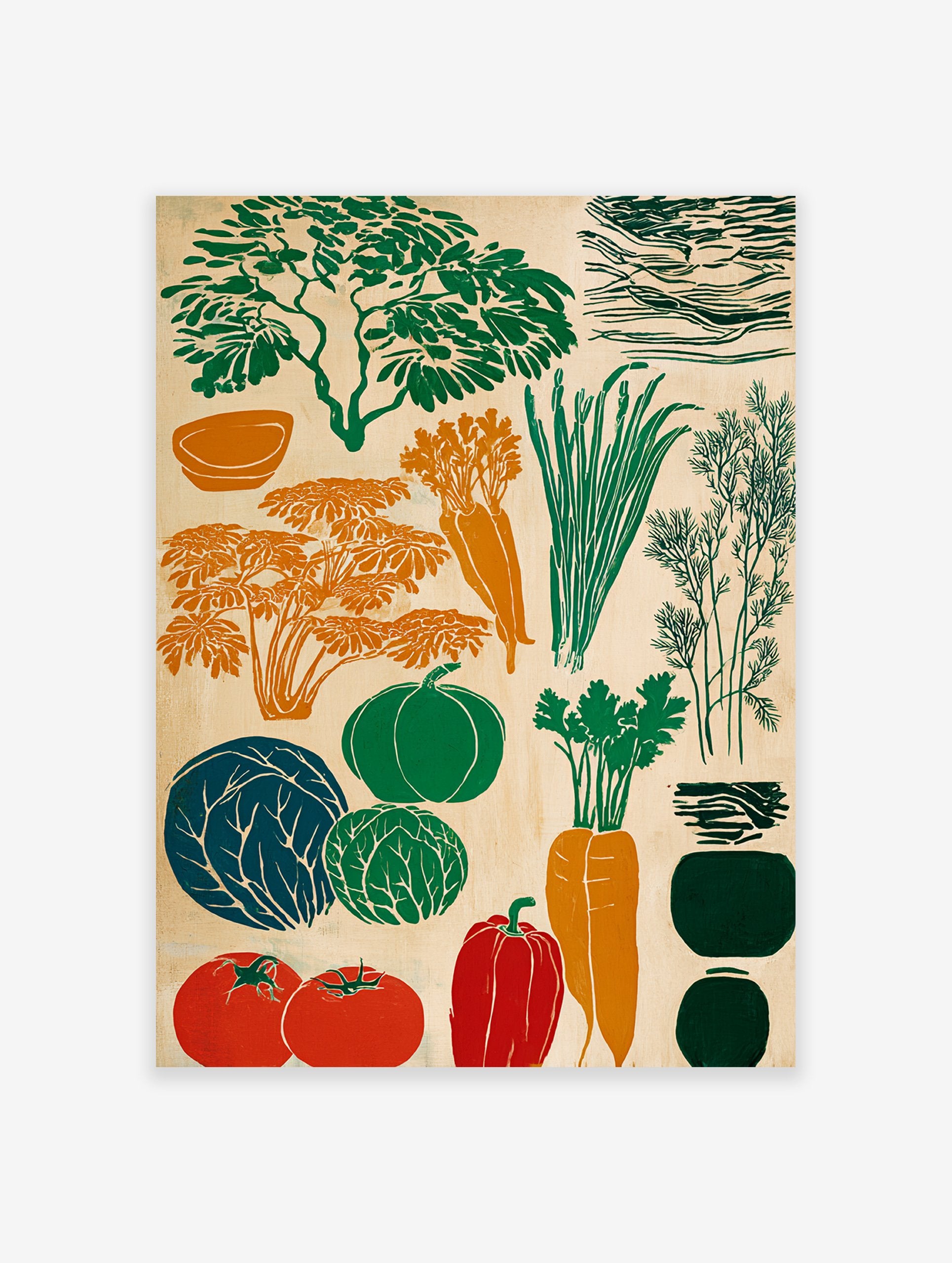 Vibrant linocut style vegetable poster featuring carrots, cabbage, pumpkin, tomatoes, bell pepper, and herbs on a light background.