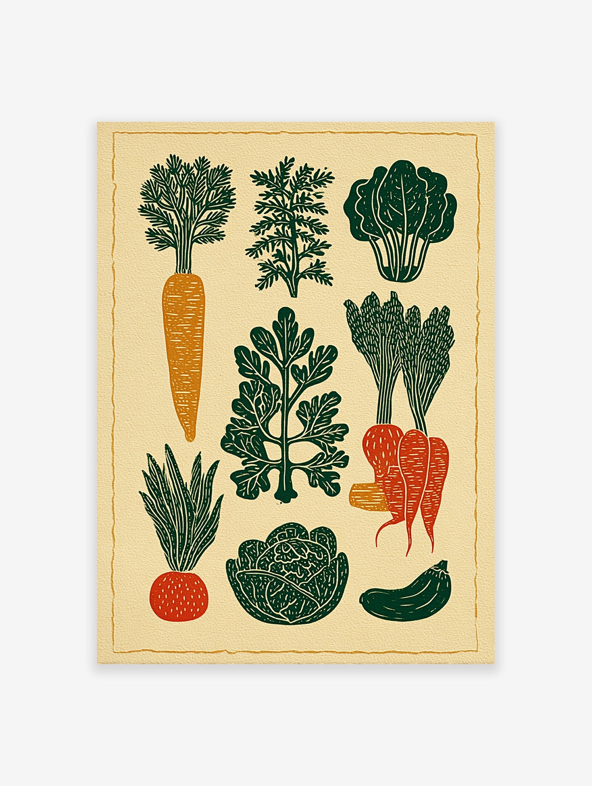 Linocut style vegetable poster featuring carrots, spinach, dill, radish, cabbage, asparagus, and zucchini illustrations.