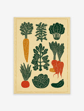 Linocut style vegetable poster featuring carrots, spinach, dill, radish, cabbage, asparagus, and zucchini illustrations.