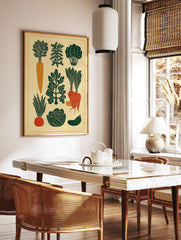 Linocut style vegetable poster featuring carrots, spinach, dill, radish, cabbage, asparagus, and zucchini illustrations. - Image 2