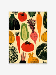 Rustic vegetable poster featuring illustrated tomatoes, carrots, beets, and other garden produce on a cream background.