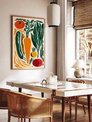 A modern illustrative vegetable poster featuring carrots, tomatoes, and leafy greens in orange, green, and red hues. - Image 2
