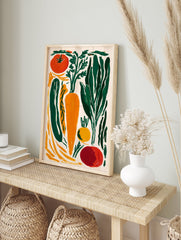 A modern illustrative vegetable poster featuring carrots, tomatoes, and leafy greens in orange, green, and red hues. - Image 4