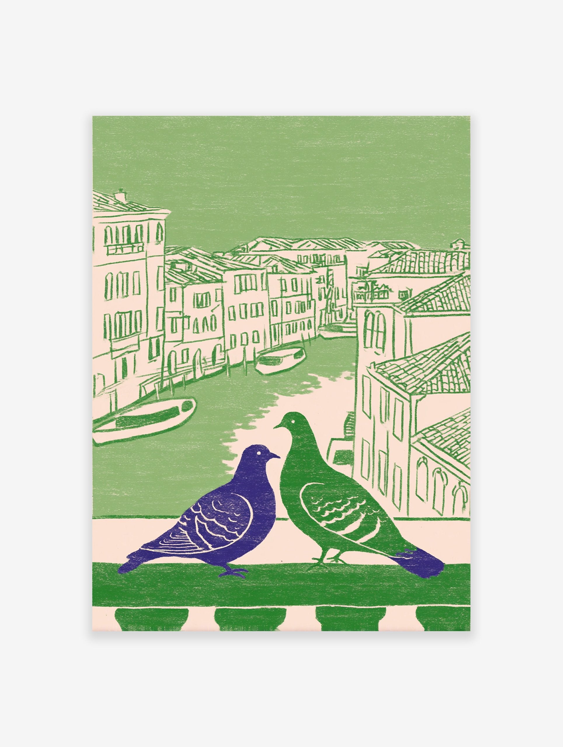 Illustrated Venice pigeon wall art with a purple and green pigeon on a balcony overlooking a canal and buildings.