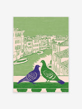 Illustrated Venice pigeon wall art with a purple and green pigeon on a balcony overlooking a canal and buildings.
