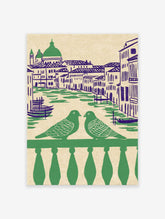 Illustrated Venice wall art showing two green pigeons on a balcony overlooking a canal with blue buildings and gondolas.