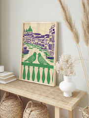 Illustrated Venice wall art showing two green pigeons on a balcony overlooking a canal with blue buildings and gondolas. - Image 3