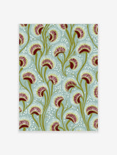 Botanical illustration of Venus Flytrap plants with red traps and green stems on a pale blue background