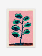Vibrant Venus flytrap botanical wall art print with green traps and dark blue accents on a pink background.