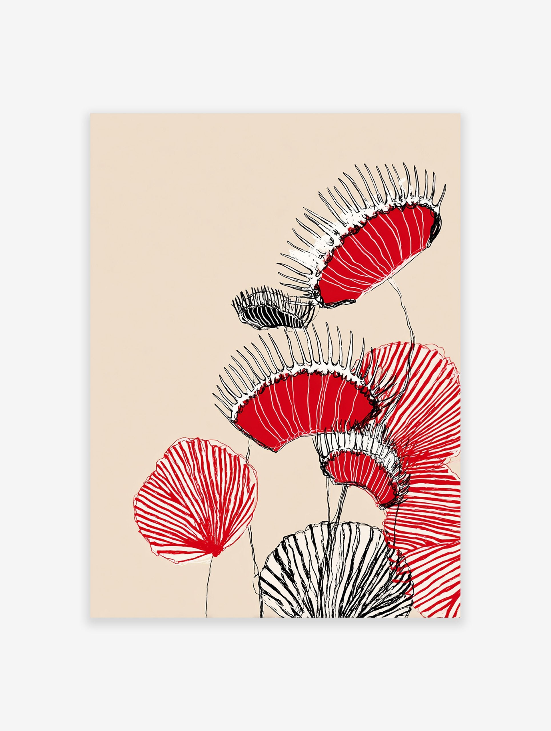 Modern Venus Flytrap wall art illustration with red, black, and white stylized carnivorous plants on a beige background.