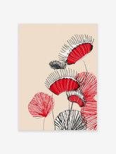 Modern Venus Flytrap wall art illustration with red, black, and white stylized carnivorous plants on a beige background.