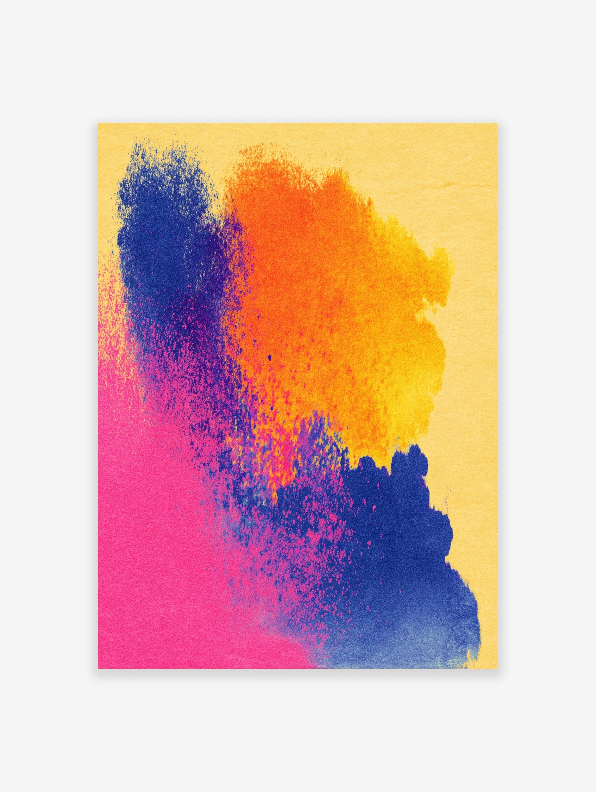 Abstract art print with vibrant pink, blue, and orange colour splashes on a yellow background, dynamic composition
