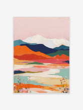 Abstract mountain landscape art print with pink sky, orange hills, blue mountains, and white peaks
