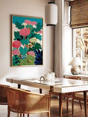 Vibrant botanical wall art painting with red dotted flowers, green leaves, yellow stems, and a teal sky background. - Image 2