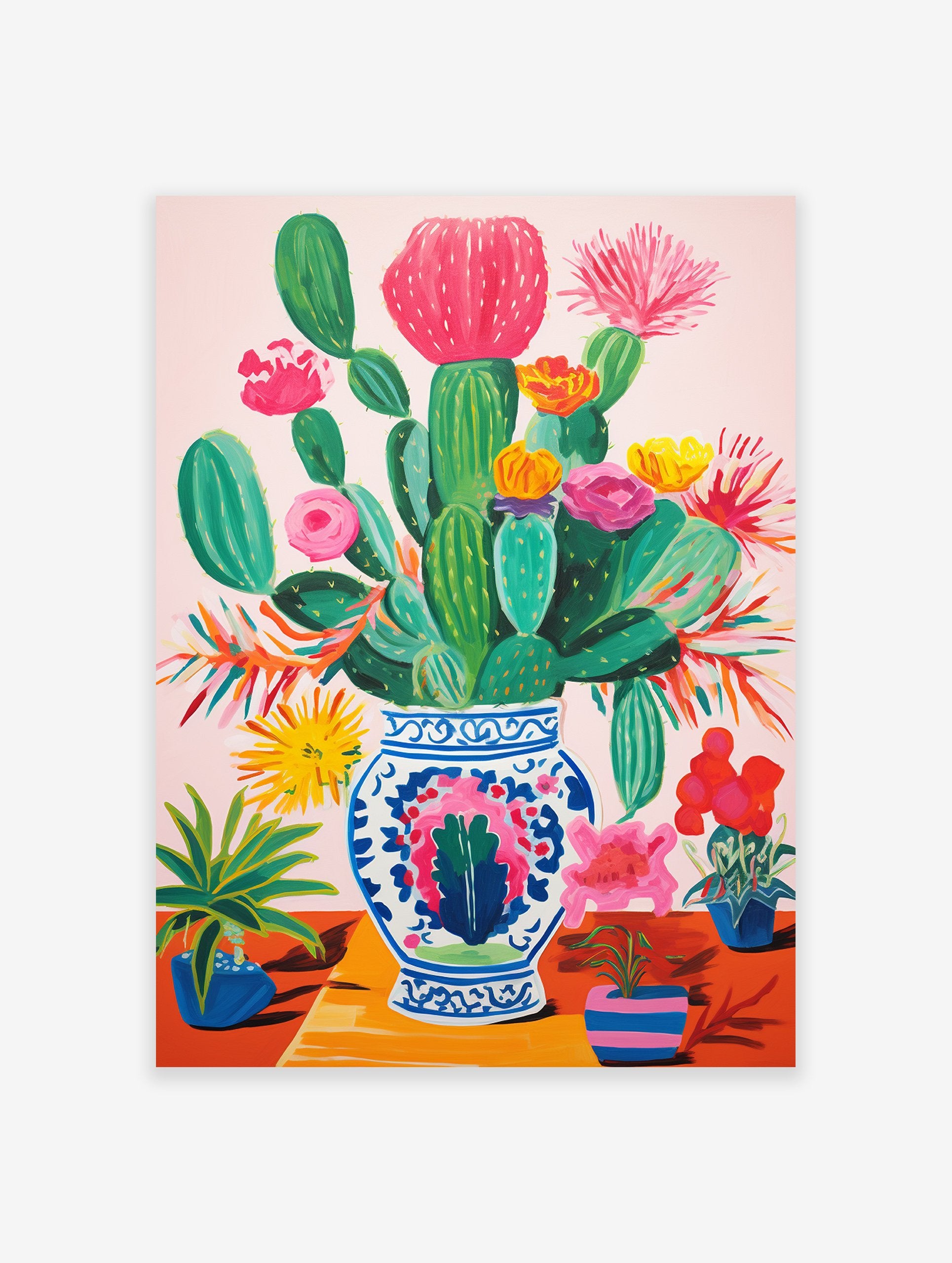 Vibrant cactus poster featuring a colorful arrangement of blooming cacti and flowers in a decorative blue and white vase.