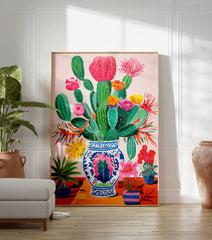 Vibrant cactus poster featuring a colorful arrangement of blooming cacti and flowers in a decorative blue and white vase. - Image 3