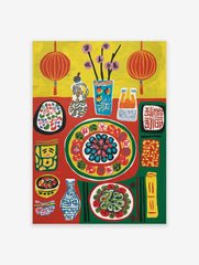Vibrant cultural dining poster featuring a table with food, bottles, flowers, and red lanterns in a folk art style.
