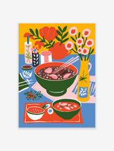 Vibrant food poster of an illustrative still life featuring bowls of soup with chopsticks, flowers, and drinks on a blue table.