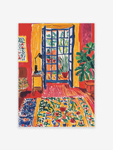Vibrant interior room poster with a blue open window, green plants in pots, red walls, yellow curtains, and a colorful floral rug.