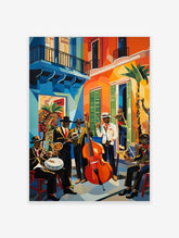 Vibrant Cubist jazz band poster depicting musicians playing instruments on a colorful street with buildings and palm trees.