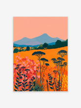 Vibrant abstract landscape wall art featuring an orange field with pink and red flowers, blue mountains, and dark green trees.