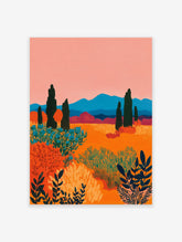 Vibrant landscape painting featuring abstract orange fields, pink sky, blue mountains, and dark green cypress trees and bushes.