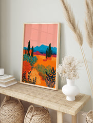 Vibrant landscape painting featuring abstract orange fields, pink sky, blue mountains, and dark green cypress trees and bushes. - Image 3