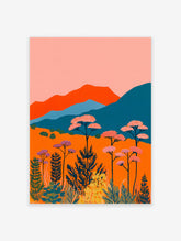 Vibrant landscape wall art with orange fields, pink flowering trees, and teal mountains under a pink sky in an illustrative style.
