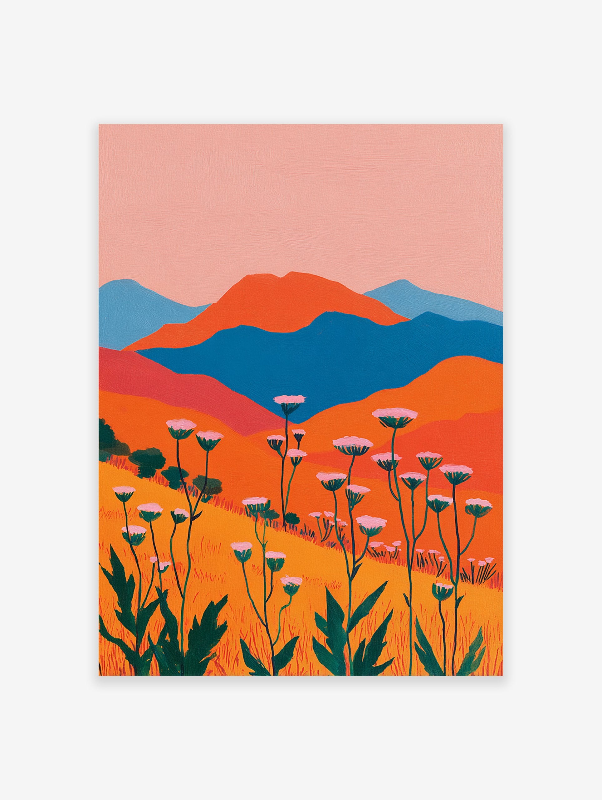 Vibrant abstract landscape wall art depicting a field of pink and white flowers, green stems, orange hills, and blue mountains.