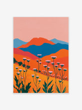 Vibrant abstract landscape wall art depicting a field of pink and white flowers, green stems, orange hills, and blue mountains.