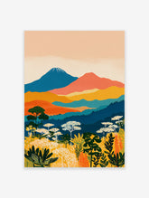 Vibrant illustrative landscape wall art with blue mountains, orange hills, green forests, and yellow botanical foreground.