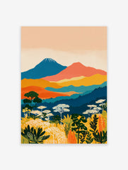 Vibrant illustrative landscape wall art with blue mountains, orange hills, green forests, and yellow botanical foreground.