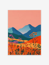Vibrant landscape painting with blue mountains, orange hills, and pink and orange wildflowers under a peach sky.