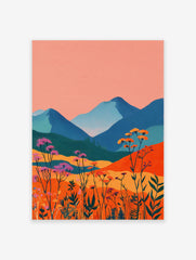 Vibrant landscape painting with blue mountains, orange hills, and pink and orange wildflowers under a peach sky.