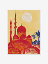 Illustrative print of a red mosque with multiple domes and minarets, yellow sky, blue palm trees, and white sun