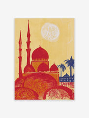 Illustrative print of a red mosque with multiple domes and minarets, yellow sky, blue palm trees, and white sun