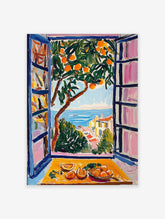 Vibrant orange tree poster with a coastal view of the sea and town through a window, featuring a still life of oranges.