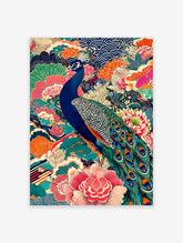 Vibrant Japanese peacock poster with intricate blue, pink, and orange floral patterns and traditional wave motifs.