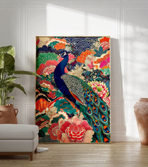 Vibrant Japanese peacock poster with intricate blue, pink, and orange floral patterns and traditional wave motifs. - Image 3