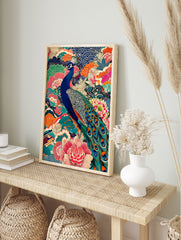 Vibrant Japanese peacock poster with intricate blue, pink, and orange floral patterns and traditional wave motifs. - Image 4
