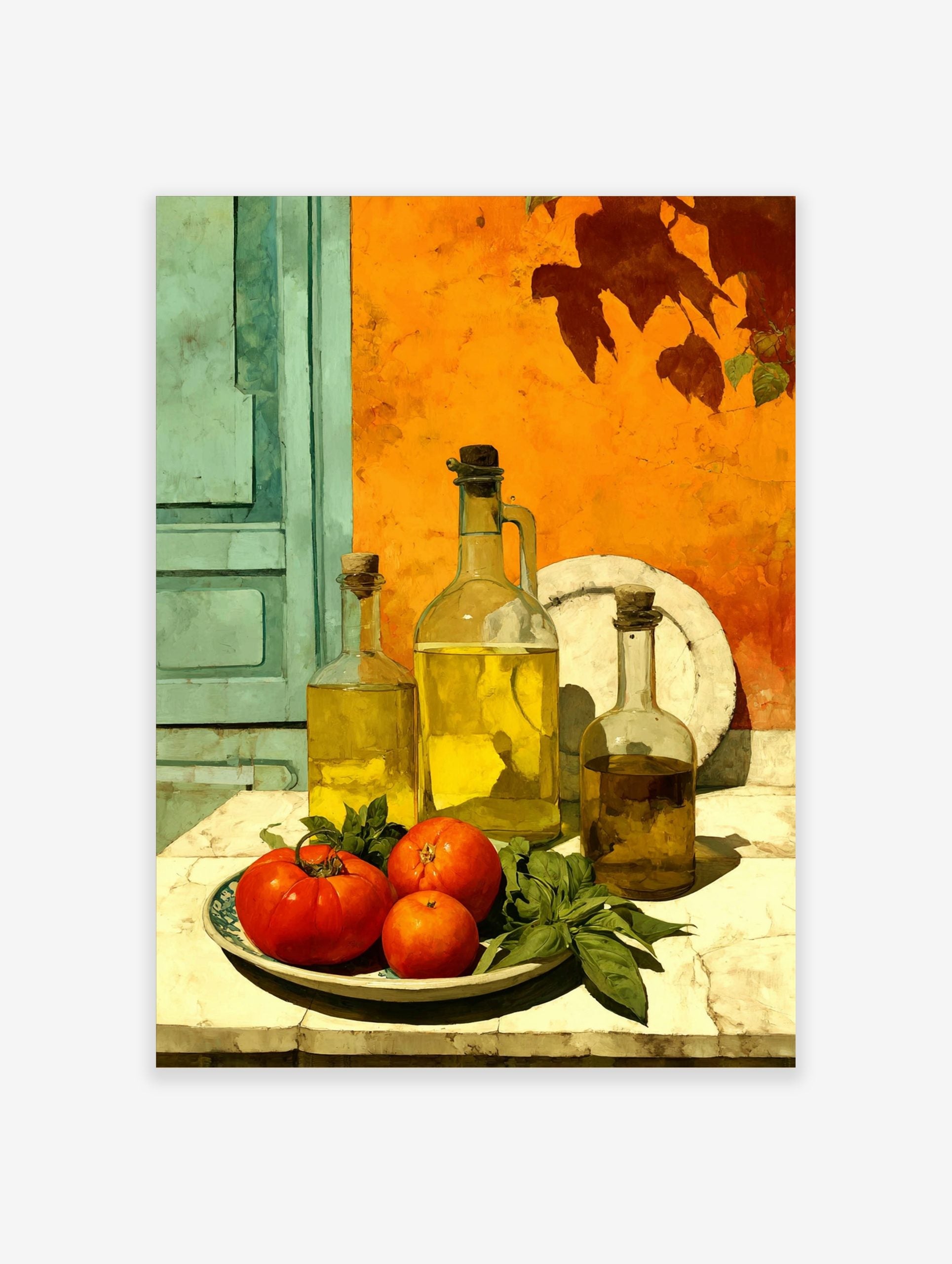 Still life print with olive oil bottles, red tomatoes, and basil against an orange wall and teal shutter