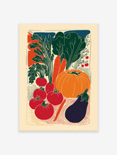 Vibrant illustrative vegetable poster featuring a pumpkin, carrots, tomatoes, radishes, eggplant, and leafy greens in a folk art style.