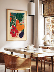 Vibrant illustrative vegetable poster featuring a pumpkin, carrots, tomatoes, radishes, eggplant, and leafy greens in a folk art style. - Image 2